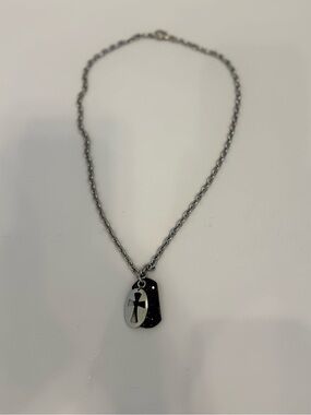 Y2K Vintage FAITH Silver Tone Cross and Black Beaded Tag Necklace Unique